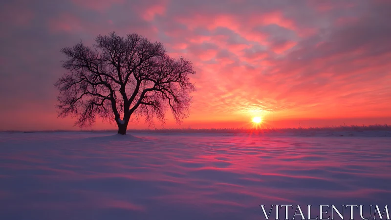 Solitary winter tree silhouetted against luminous magenta sunrise