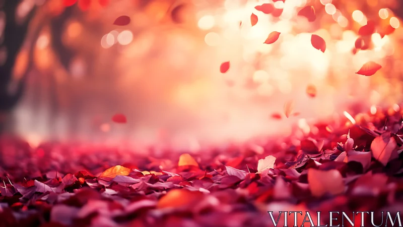 Crimson leaves waltz through glowing autumn haze at dusk