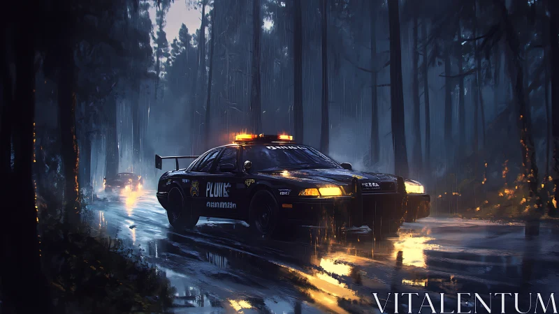 Police cruiser cutting through rain-soaked forest road at night.