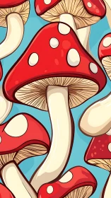 Playful parade of red toadstools on bright blue sky.