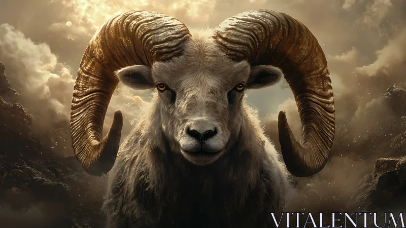 Symmetrical frontal ram portrait with highly detailed horn topology