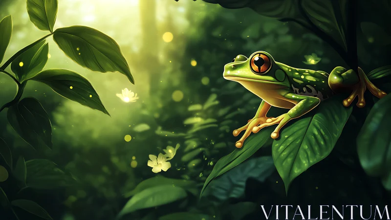 Tree frog glows in magical forest light at dusk.