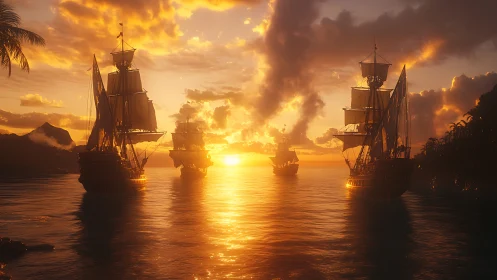 Golden tides escort tall ships through a molten sunset