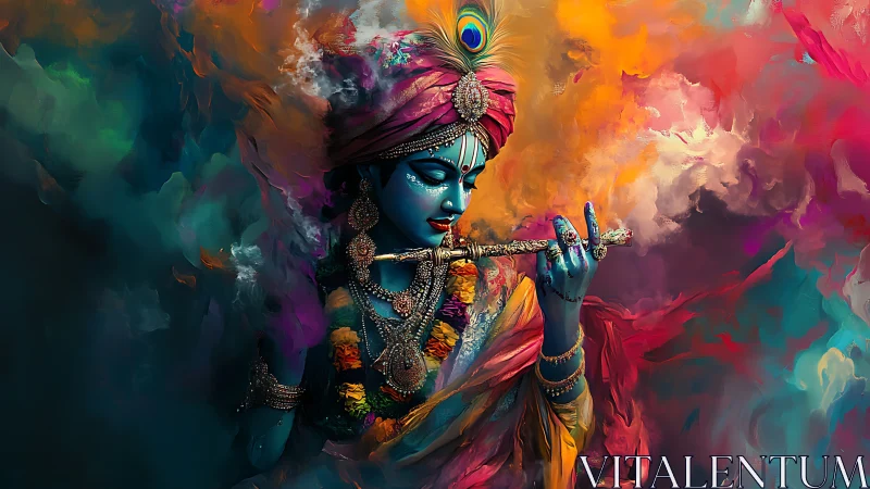 Blue-skinned flute player framed by dense multicolor clouds