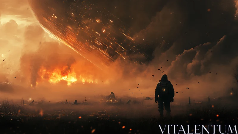 Lone explorer watching a burning spacecraft cross the sky.