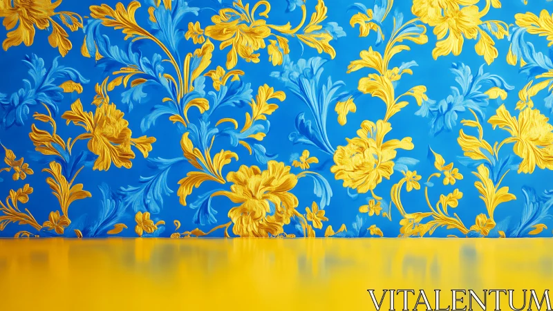 Baroque blooms in electric blue with golden flourish bravado.