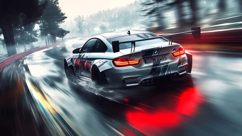 BMW race car powers through wet night track in motion.