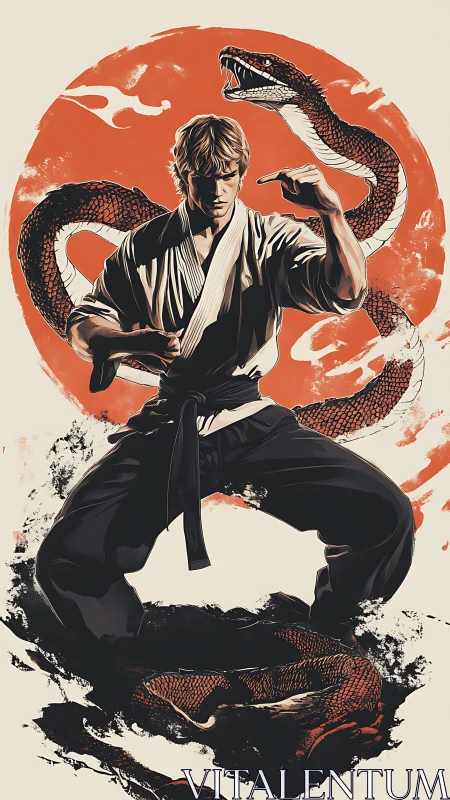 Martial artist poised before coiled serpent circle emblem.