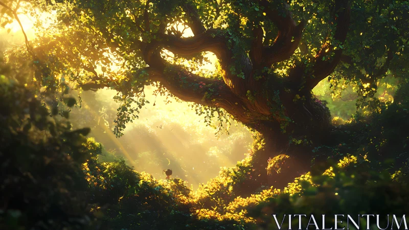 Sunlit giant whispers secrets to a tiny forest wanderer