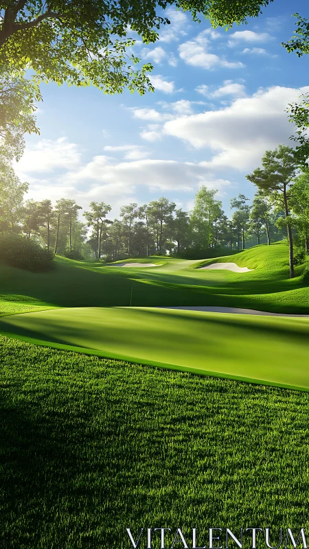 Sunlit golf fairway drifting through emerald forest hush.