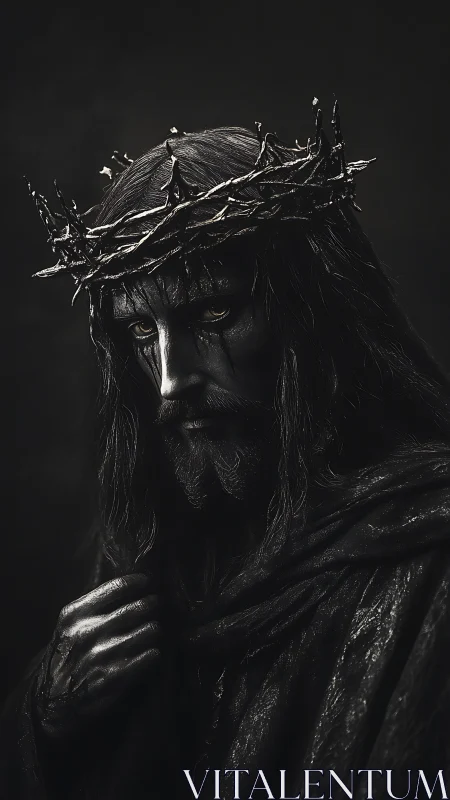 Monochrome sorrowful figure with thorn crown and shrouded cloak