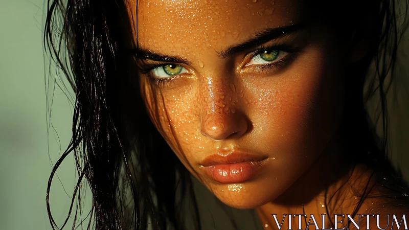 Intense wet portrait highlights emerald eyes and bronzed skin