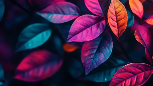Neon-tinted foliage glows in vivid pink, blue, and orange hues.