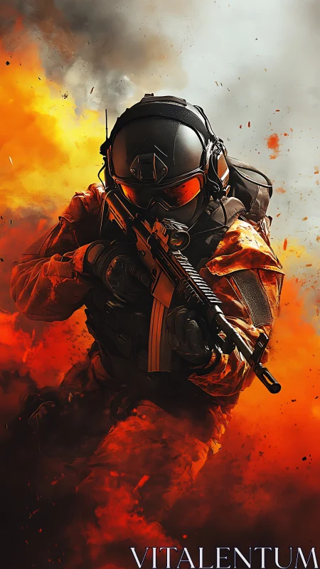 Elite tactical soldier emerging through blazing inferno.