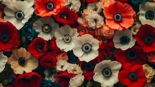 Vibrant Anemones and Roses Dance in Red and White