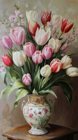 Oil still life renders tulips in ornate porcelain vase