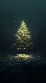 Lone illuminated Christmas tree glowing in dark forest.