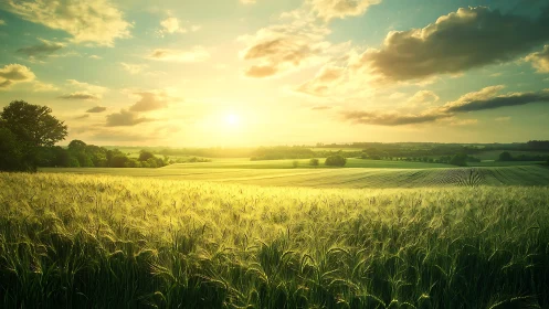 Sunlit wheat field stretches across rolling farmland