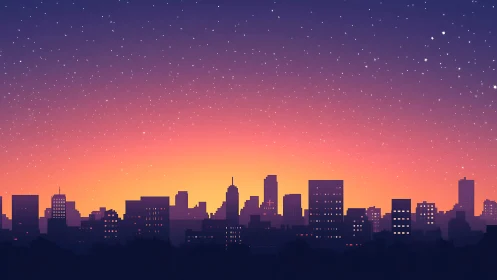 Starlit city skyline melting into a neon dusk horizon glow.