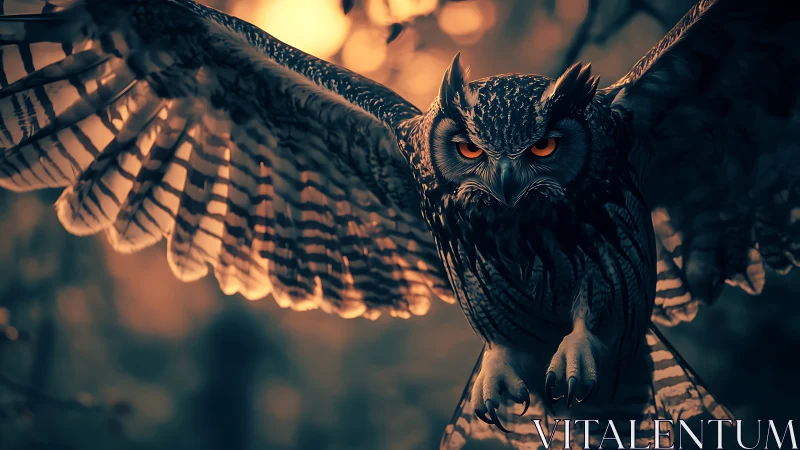 Nocturnal owl in mid-flight under cinematic warm backlight.