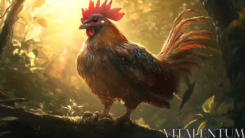 Majestic Rooster Glowing in Golden Forest Light.
