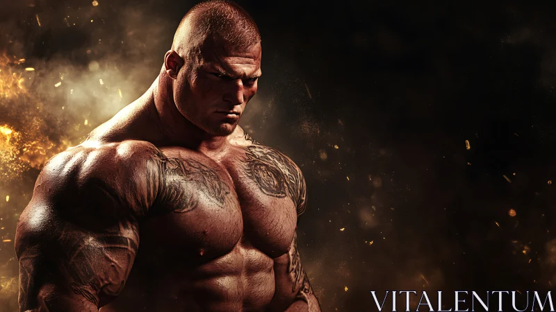 Muscular tattooed bodybuilder stands in dramatic fiery light