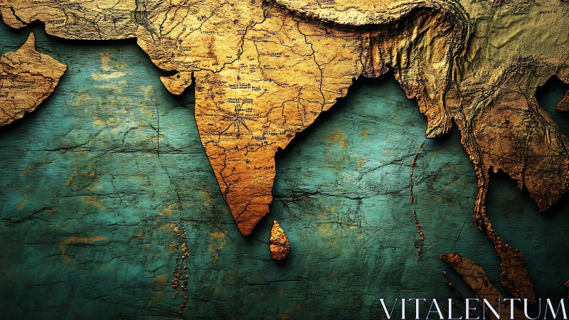 Textured relief map of India and South Asia on teal sea.