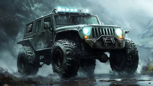 Off-road utility vehicle on rugged wet terrain in rainstorm.