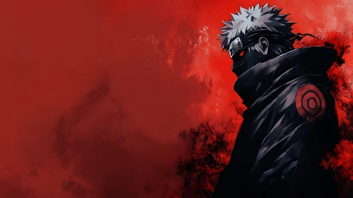 Masked anime figure in black cloak against red backdrop.