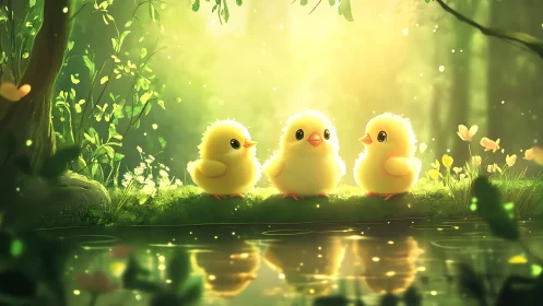 Three yellow chicks on mossy bank beside reflective water.