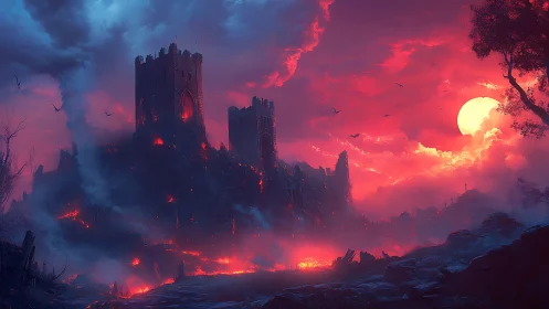 Volcanic siege fortress under bi-chromatic apocalyptic sky.