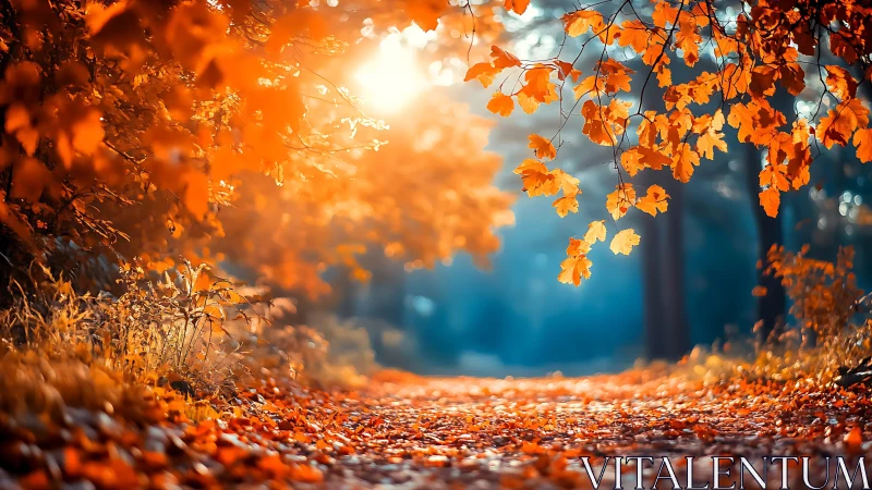 Luminous Autumn Pathway: Golden Foliage Backlit by Dramatic Sky