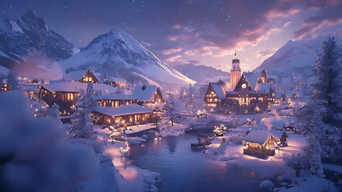 Snowlit alpine village dreaming beneath lavender twilight.