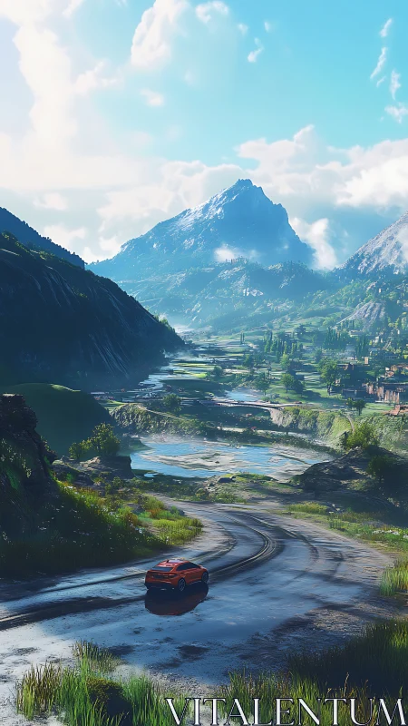 Sportscar navigates wet mountain pass under luminous alpine sky