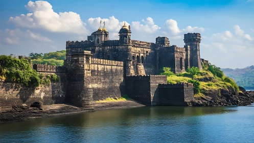 Riverside stone fortress under clear sky in crisp daylight