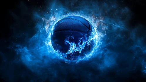 Electric blue basketball engulfed in swirling flame aura.
