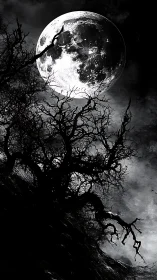 Moonlit branches curling against a stormy night sky.