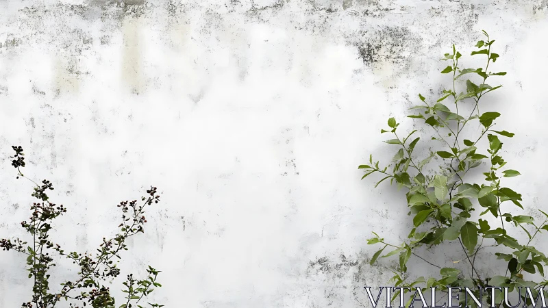 Quiet greenery climbs against a softly weathered white wall