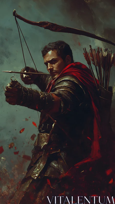 Armored archer draws a flaming arrow in battle tension.