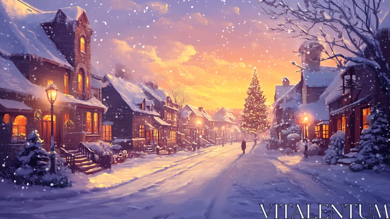 Snowy village street with glowing Christmas tree at dusk.