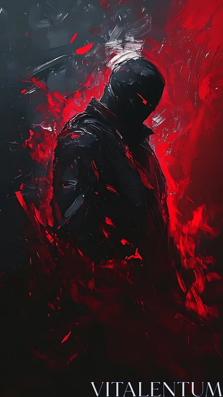 Shadowed figure in red inferno, abstract digital portrait.