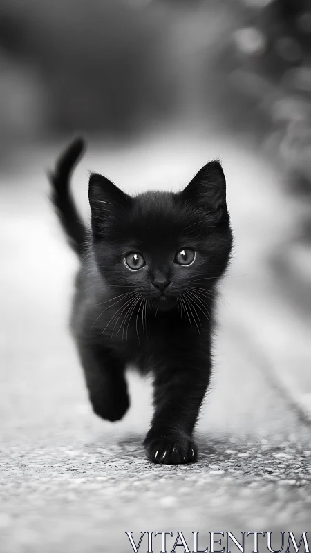 Black Kitten Portrait Walking Forward Against Blurred Urban Background.