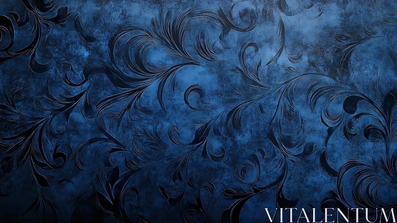 Ornate blue flourishes swirl across textured darkness.