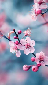 Pink Cherry Blossoms. Spring blooms against soft blue backdrop.