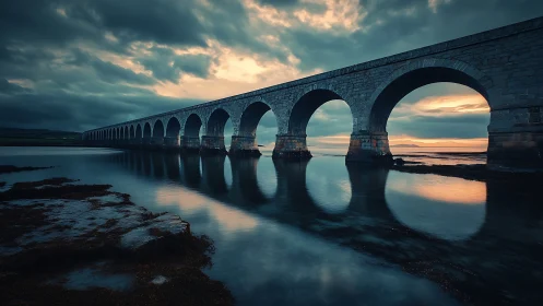 Stone viaduct stretches over tidal bay beneath stormy sunset