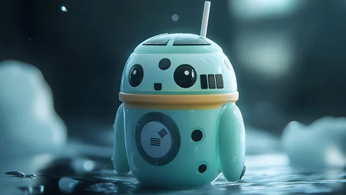 Cute teal robot cup glows softly in a dreamy wet scene