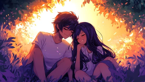 Young couple shares intimate moment beneath glowing autumn leaves.