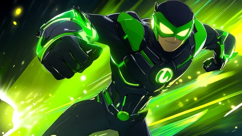 Neon green cyber hero sprinting through radial light trails.