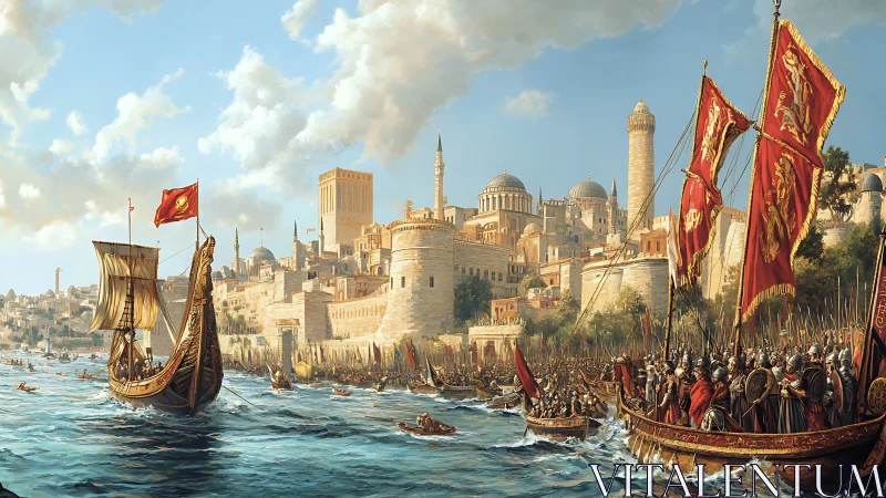 Historical harbor fleet approaches fortified coastal city walls