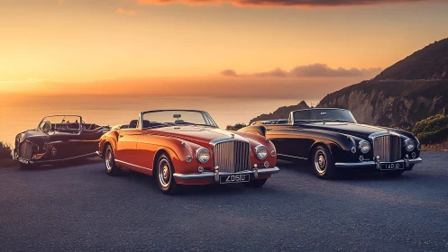 Sunset road serenade with classic luxury convertibles poised.